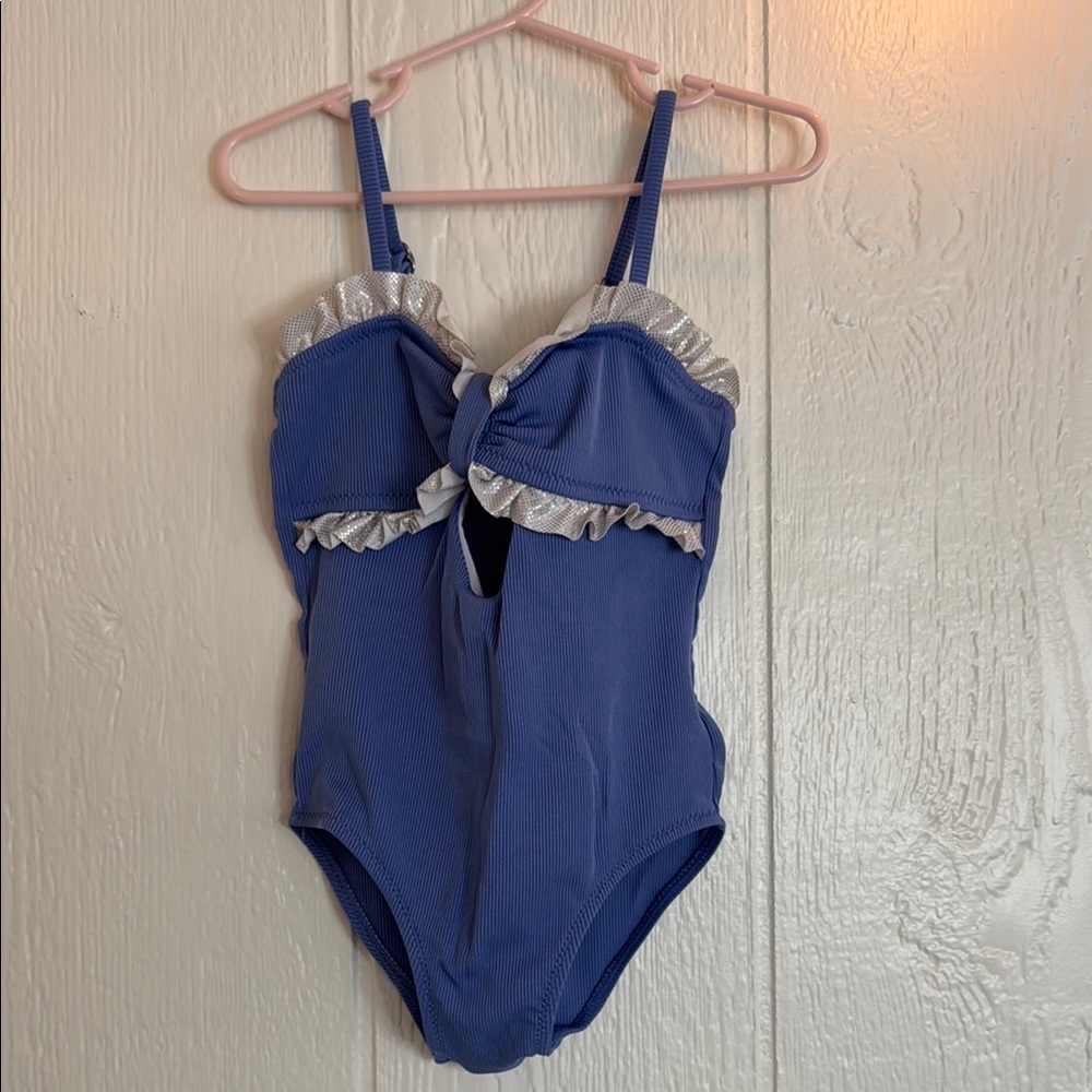 Blue One-Piece Toddler Swimsuit with Silver Ruffles and Keyhole 4T
